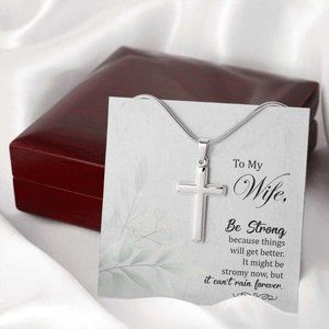 To My Wife Be Strong Cross Pendant Charm Necklace
